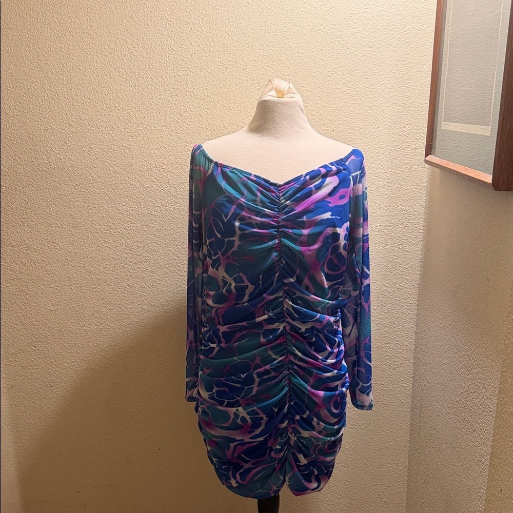 Ruched Off-Shoulder Women's Dress in Blue & Purple